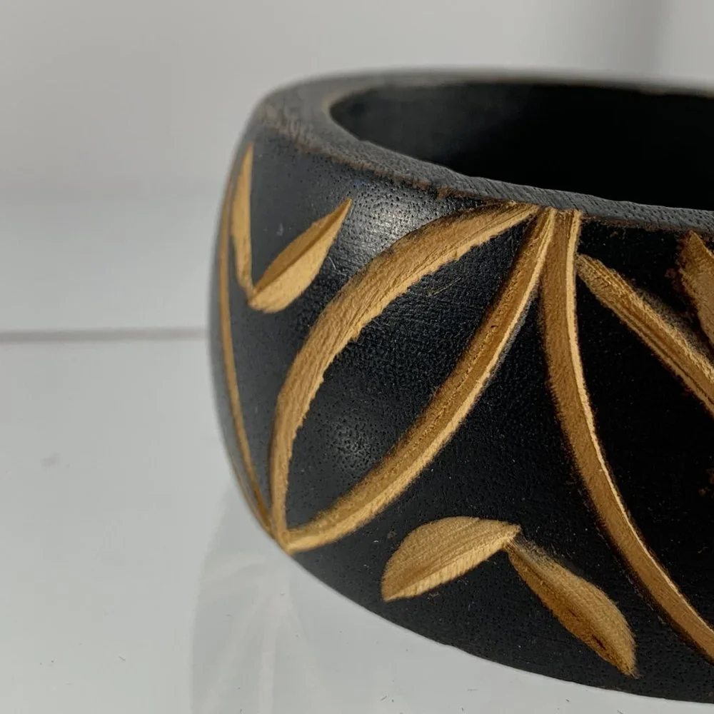 Wood Etched Bangle Bracelet Black Brown Leaf Pattern Ethnic 1.5
